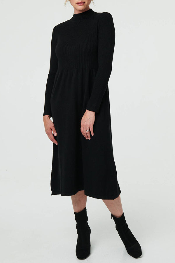 BLACK | High Neck Long Sleeve Jumper Midi Dress