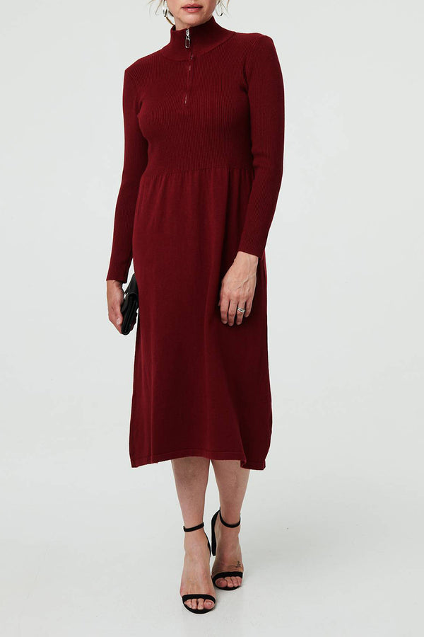 BURGUNDY | Zip High Neck Long Sleeve Midi Dress