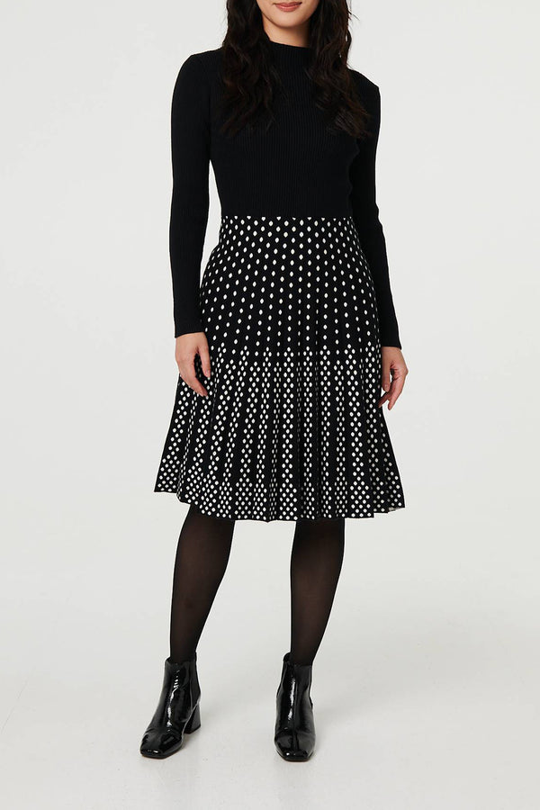 BLACK | Polka Dot Pleated Knit Dress