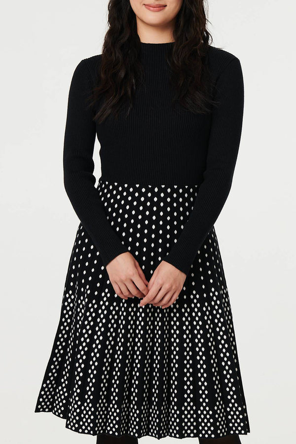 BLACK | Polka Dot Pleated Knit Dress