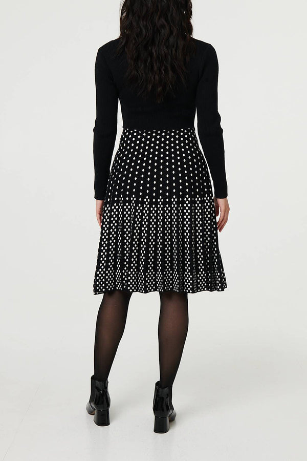 BLACK | Polka Dot Pleated Knit Dress