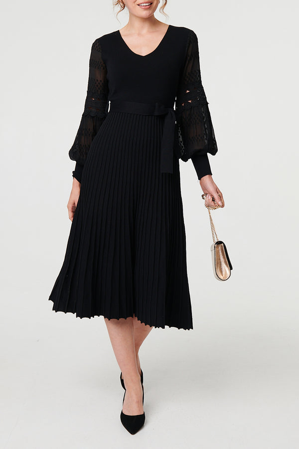 BLACK | Semi Sheer Lace Sleeve Knit Midi Dress