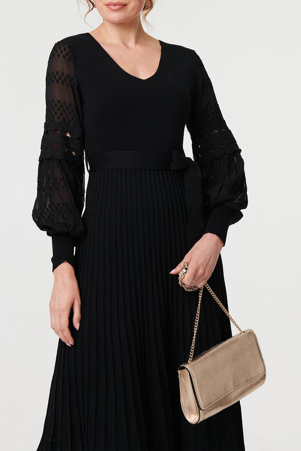 BLACK | Semi Sheer Lace Sleeve Knit Midi Dress