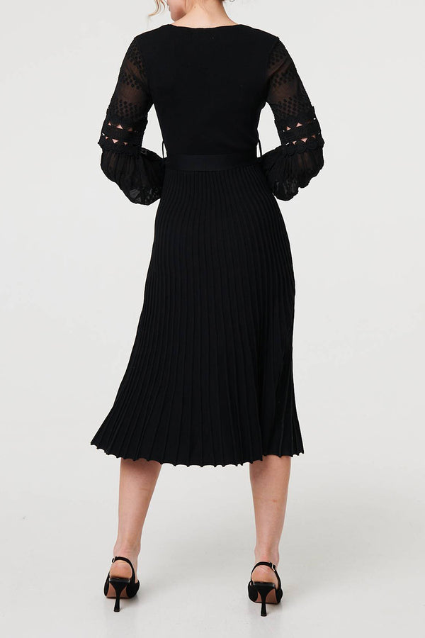 BLACK | Semi Sheer Lace Sleeve Knit Midi Dress