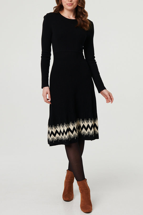 Black | Border Print Knee Length Knit Dress