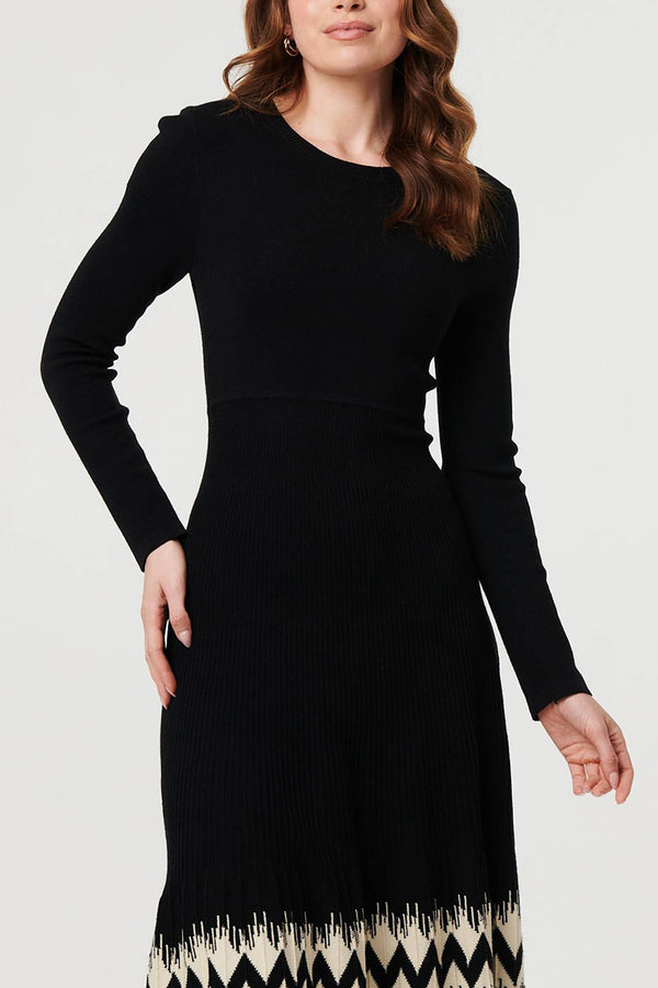 Black | Border Print Knee Length Knit Dress