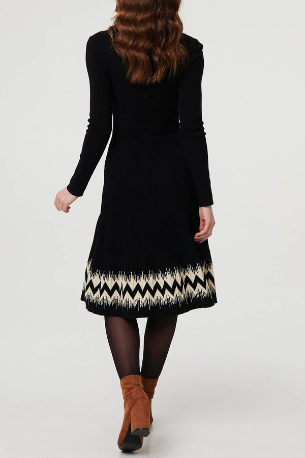 Black | Border Print Knee Length Knit Dress