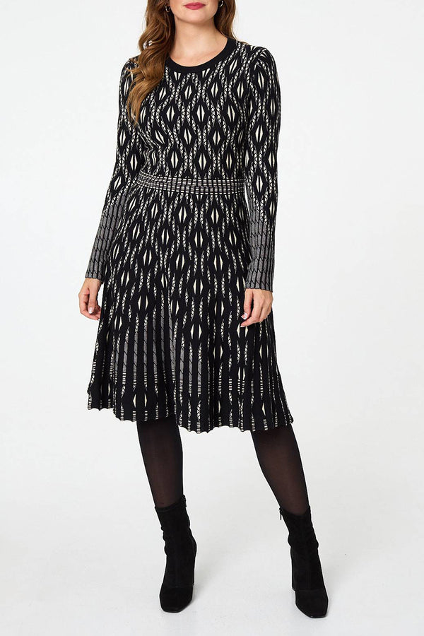 BLACK | Geo Print Long Sleeve Midi Jumper Dress