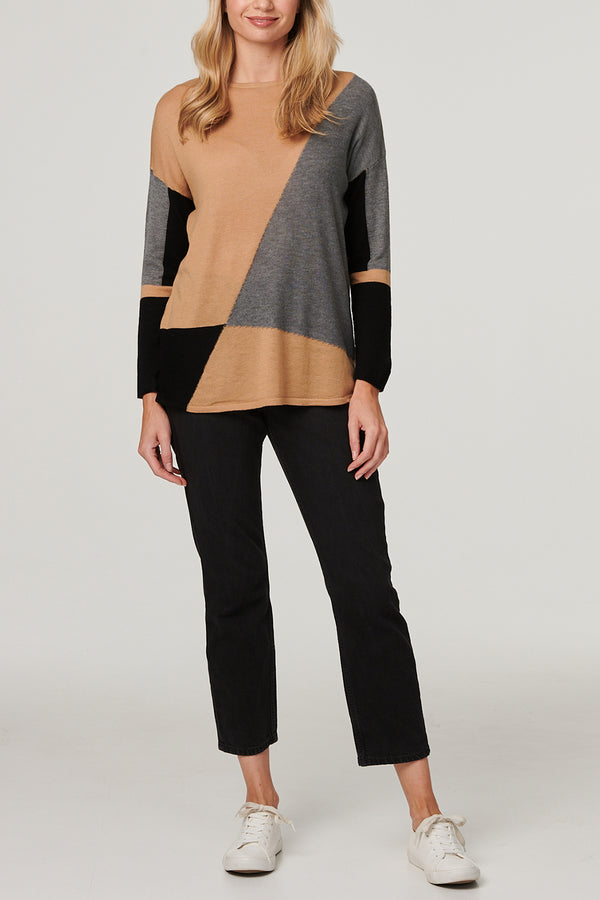 MULTI BEIGE | Colour Block Long Sleeve Knit Top