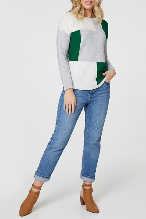 MULTI GREEN | Colour Block Relaxed Pullover