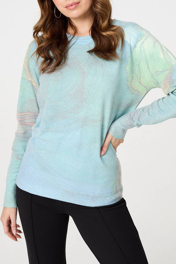 GREEN | Marble Print Metallic Detail Knit Top