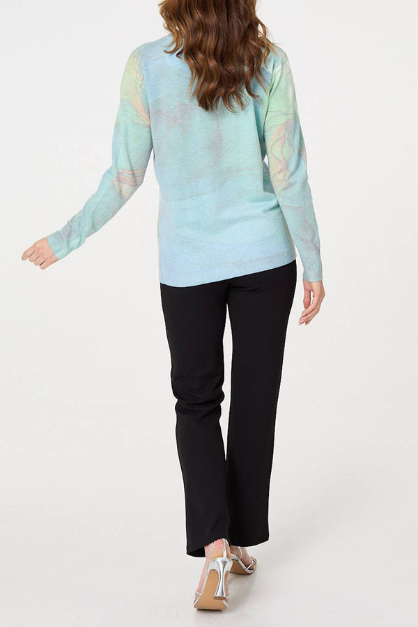 GREEN | Marble Print Metallic Detail Knit Top