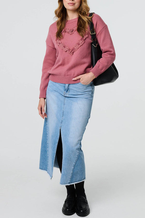 DUSKY PINK | Heart Embroidered Relaxed Knit Jumper