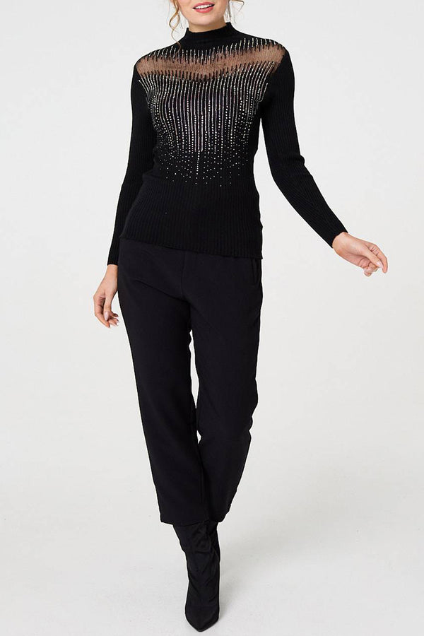 BLACK | Sequin Stripe Semi Sheer Knit Top