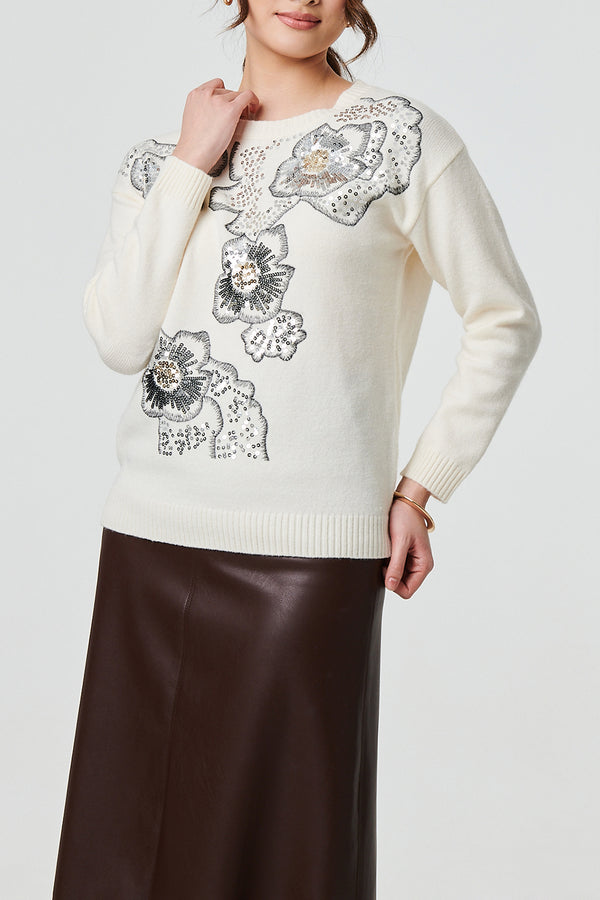 IVORY | Sequin Floral Print Long Sleeve Jumper