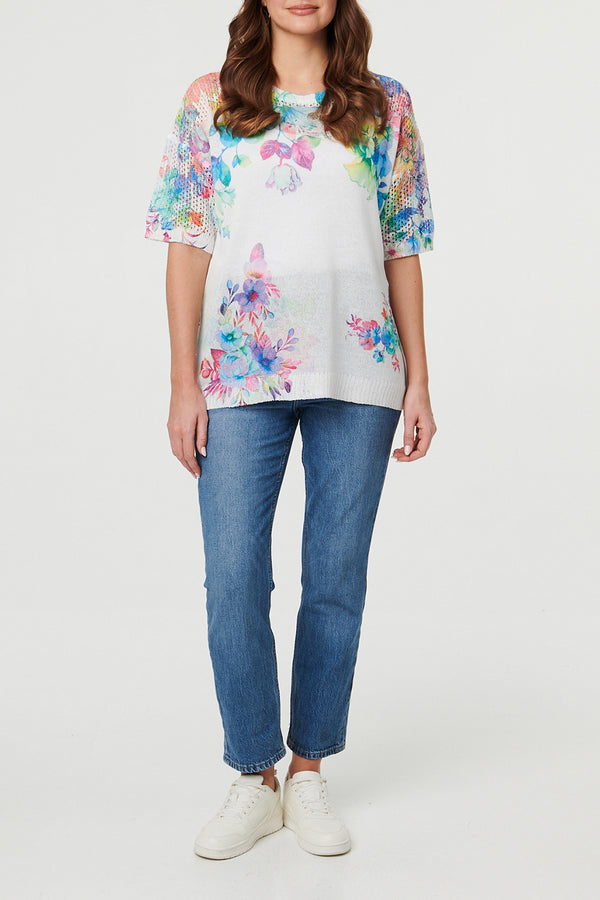 MULTIWHITE / Floral Mesh Texture Short Sleeve Top