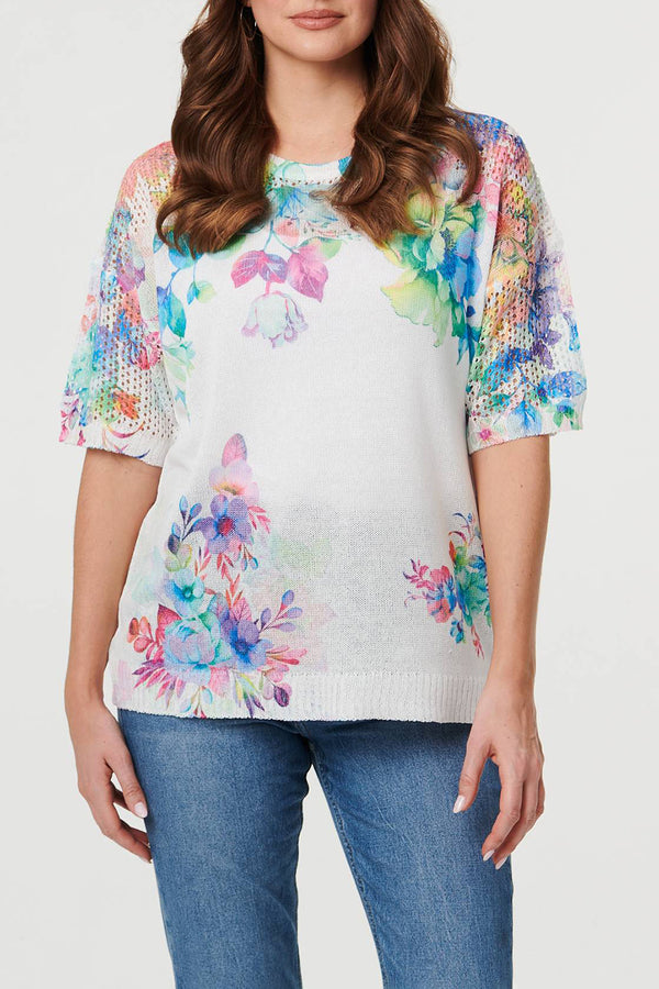 MULTIWHITE / Floral Mesh Texture Short Sleeve Top
