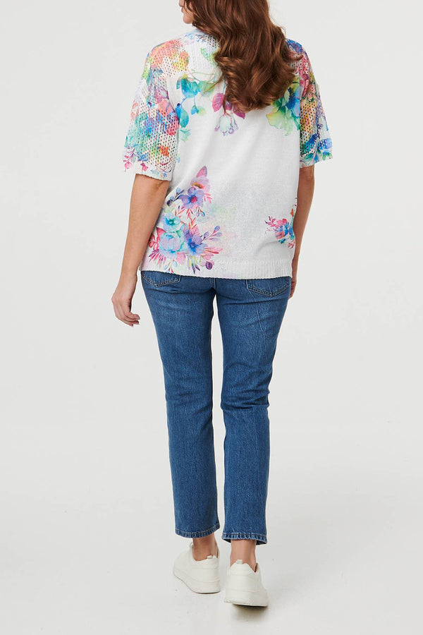 MULTIWHITE / Floral Mesh Texture Short Sleeve Top