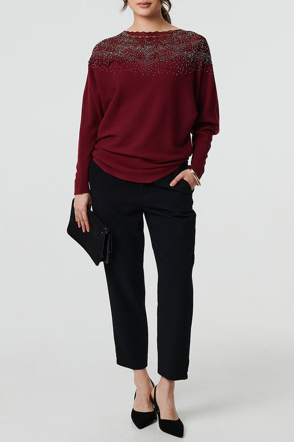 WINE | Sparkly Lace Trim Batwing Sleeve Jumper