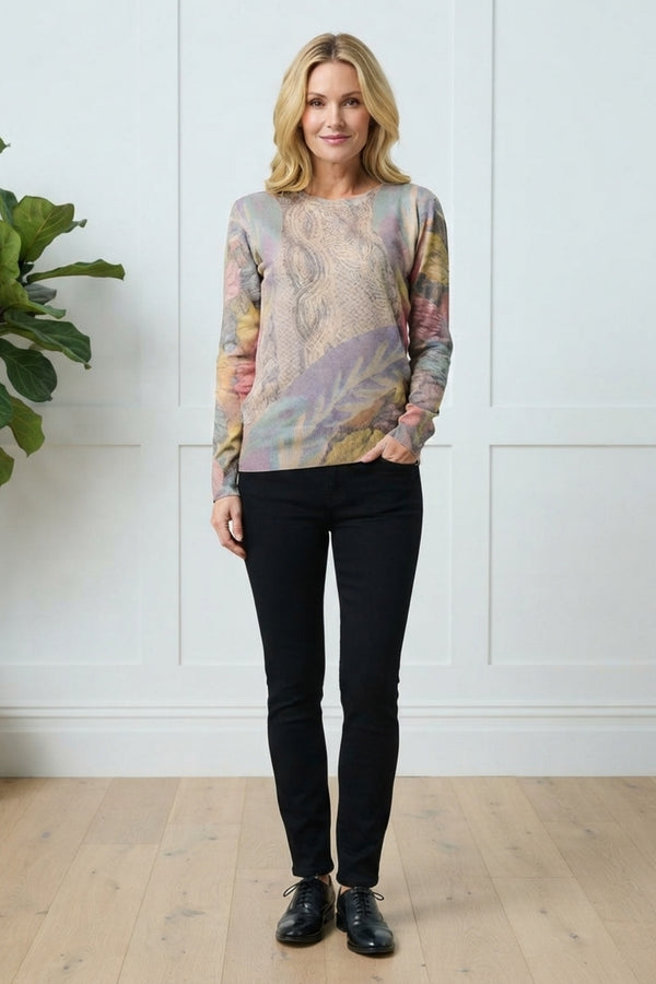 Printed Long Sleeve Relaxed Knit Top| MULTI BEIGE