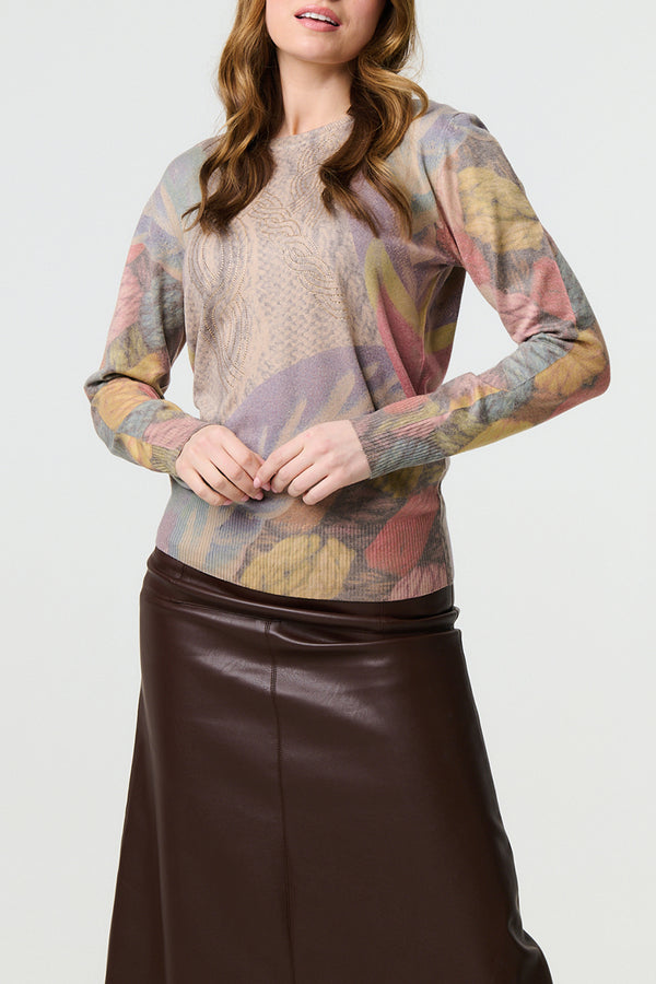 MULTI BEIGE | Printed Long Sleeve Relaxed Knit Top