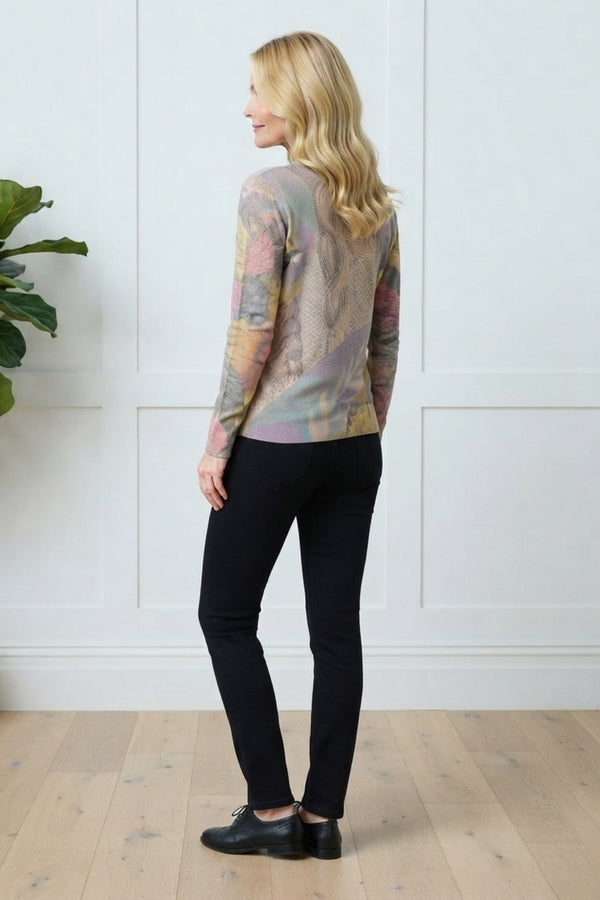 Printed Long Sleeve Relaxed Knit Top| MULTI BEIGE