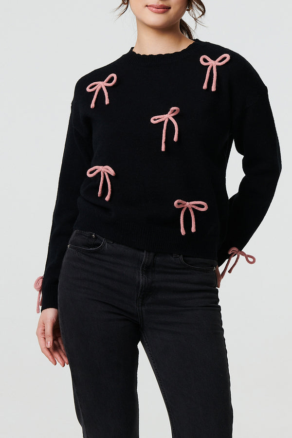 BLACK| Bow Embellished Cropped Jumper