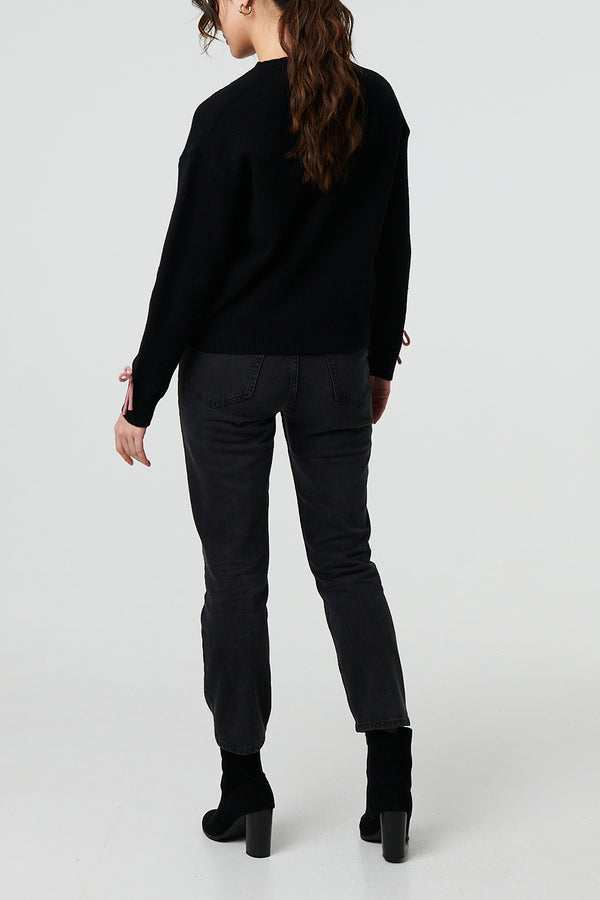 BLACK| Bow Embellished Cropped Jumper