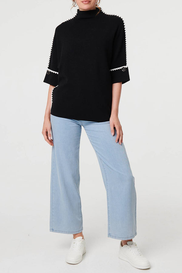 BLACK | Contrast Trim High Neck Relaxed Jumper