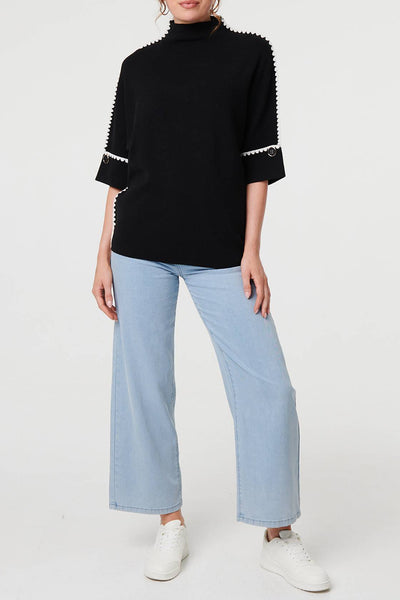 BLACK | Contrast Trim High Neck Relaxed Jumper
