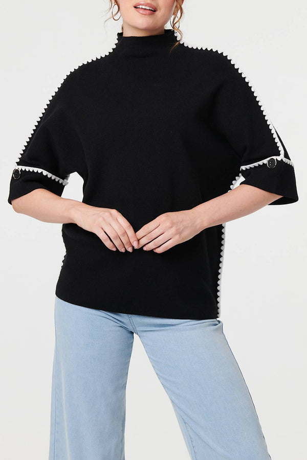 BLACK | Contrast Trim High Neck Relaxed Jumper