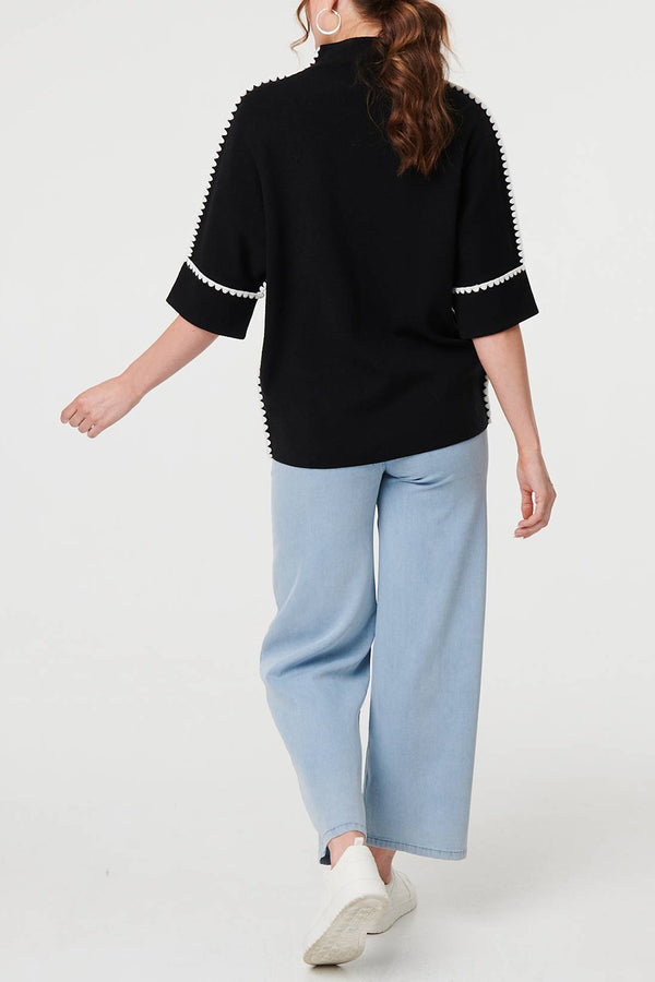 BLACK | Contrast Trim High Neck Relaxed Jumper