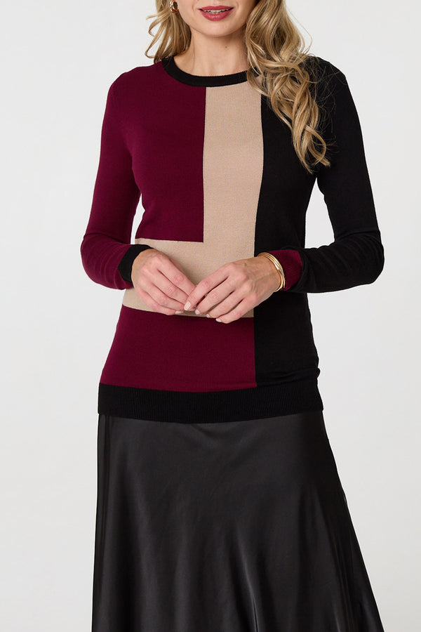 MULTI BLACK| Colour Block Long Sleeve Slim Fit Jumper