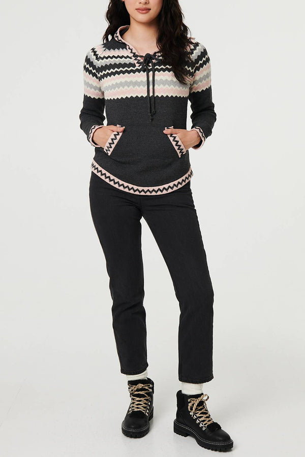 MULTI GREY | Chevron Print Tie Neck Hooded Pullover