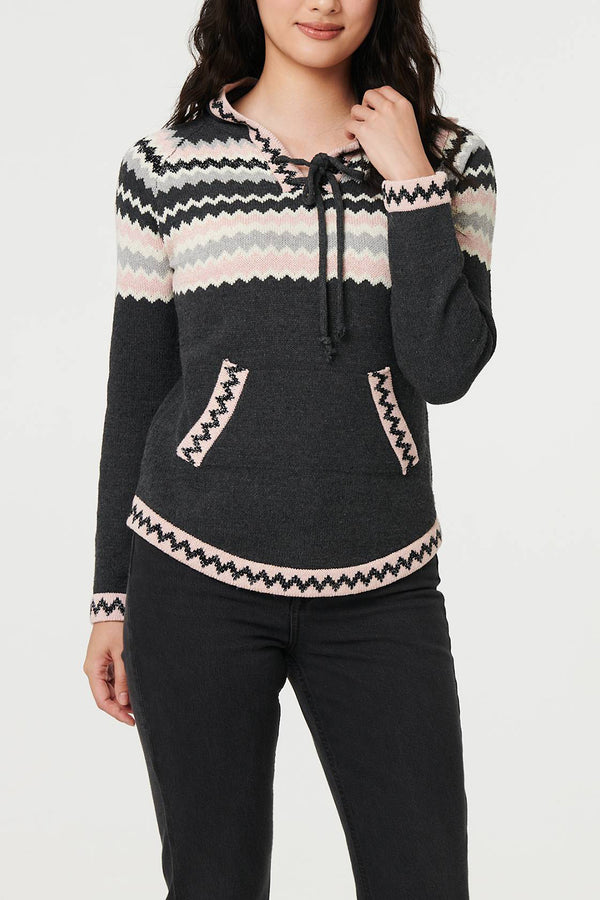 MULTI GREY | Chevron Print Tie Neck Hooded Pullover