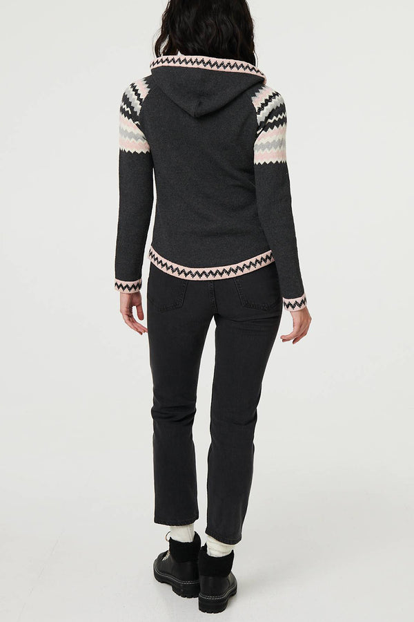 MULTI GREY | Chevron Print Tie Neck Hooded Pullover