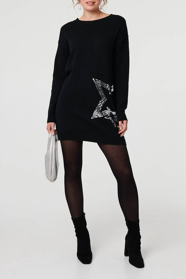 BLACK | Sequin Star Embellished Short Knit Dress