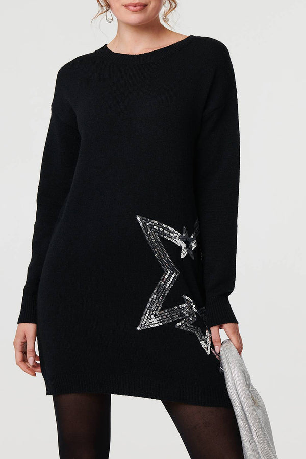 BLACK | Sequin Star Embellished Short Knit Dress