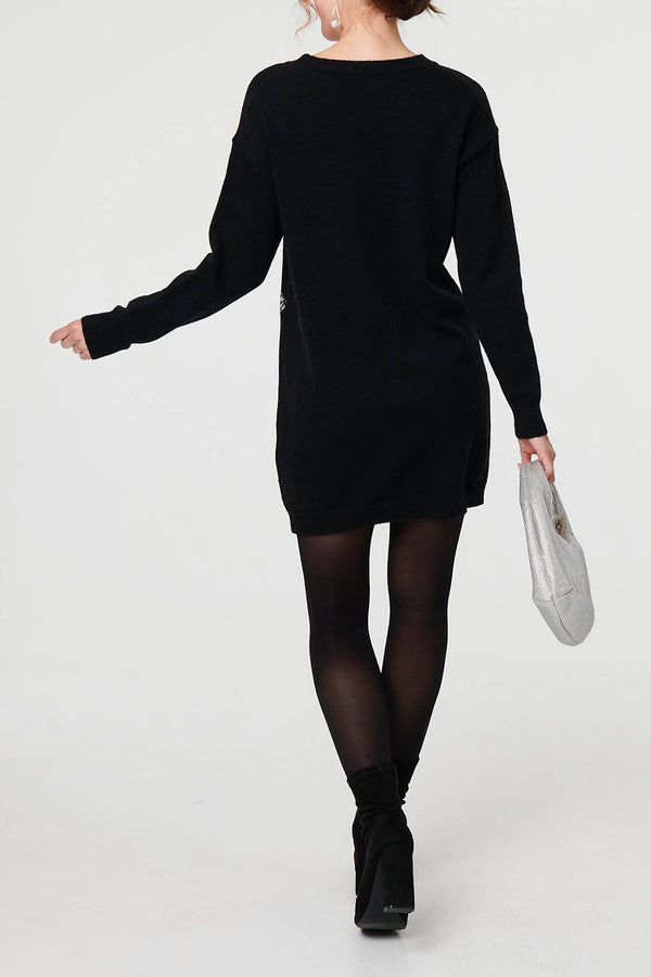 BLACK | Sequin Star Embellished Short Knit Dress