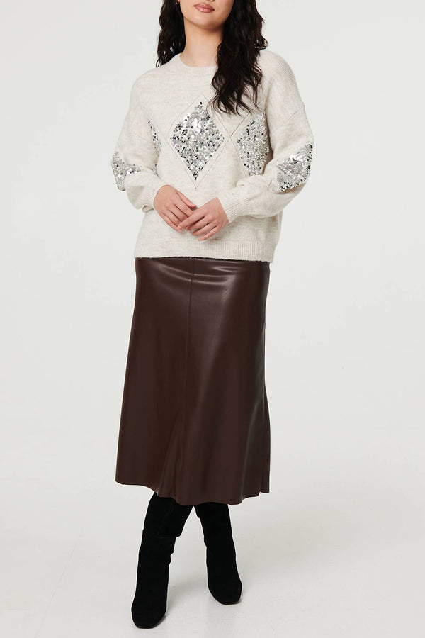 BEIGE | Diamond Sequin Drop Shoulder Jumper