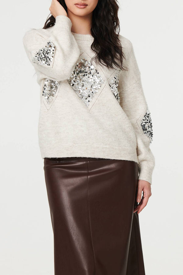 BEIGE | Diamond Sequin Drop Shoulder Jumper
