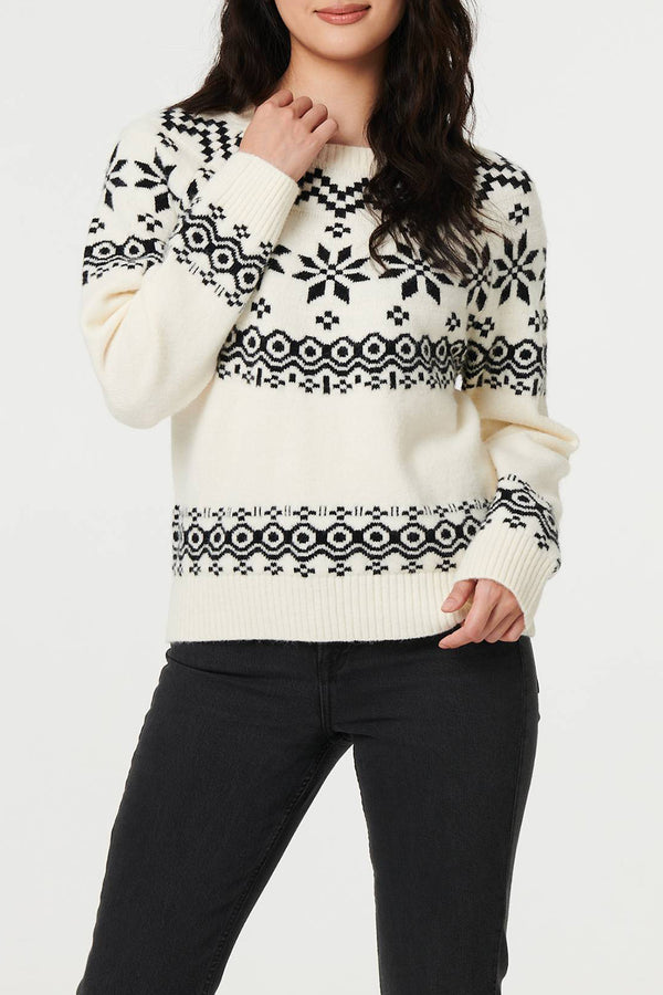 MULTI WHITE| Fairisle Print Long Sleeve Jumper