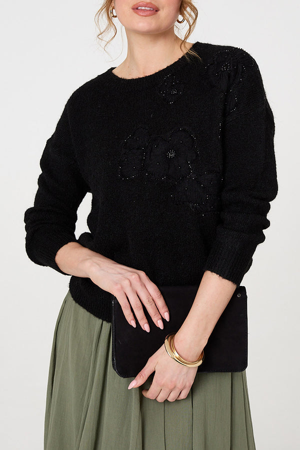 BLACK | Floral Embellished Relaxed Jumper