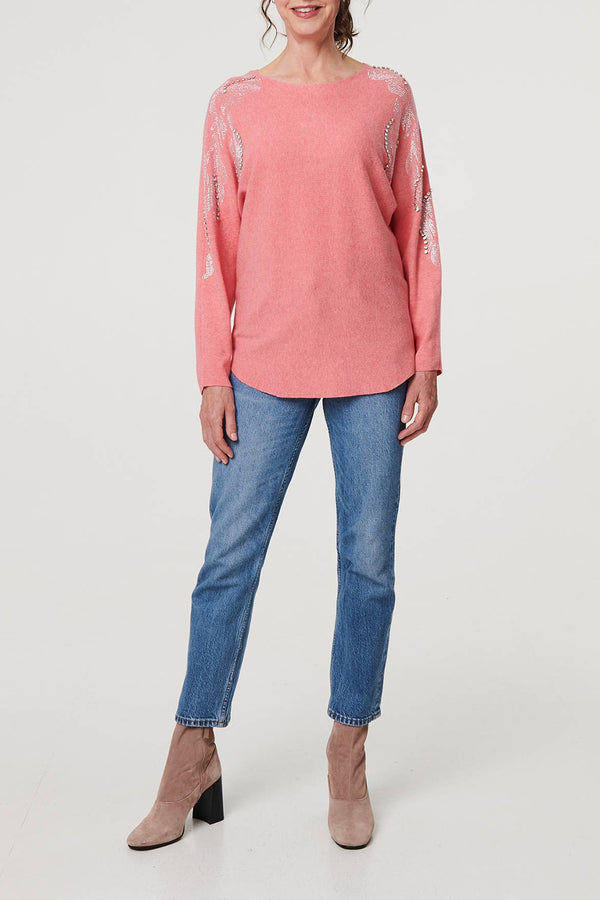 PINK | Embellished Shoulder Knit Top