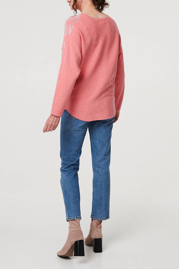 PINK | Embellished Shoulder Knit Top