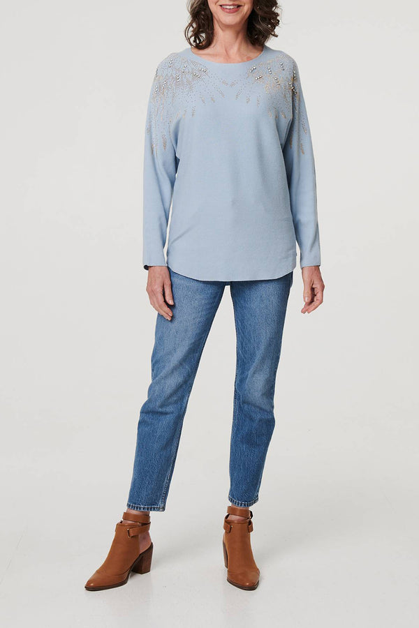 BLUE | Embellished Long Sleeve Knitted Top
