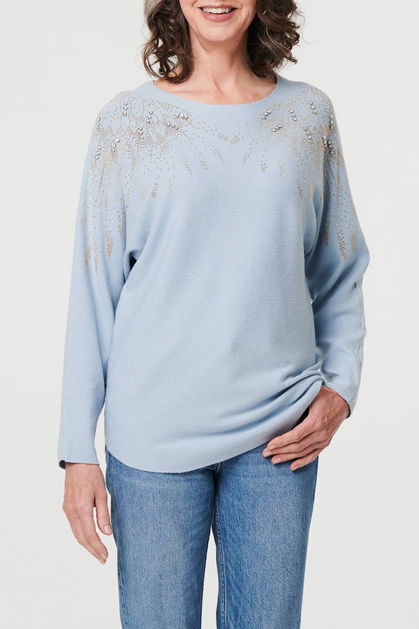 BLUE | Embellished Long Sleeve Knitted Top