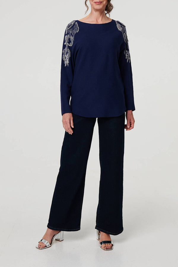 NAVY | Embellished Long Sleeve Knit Top