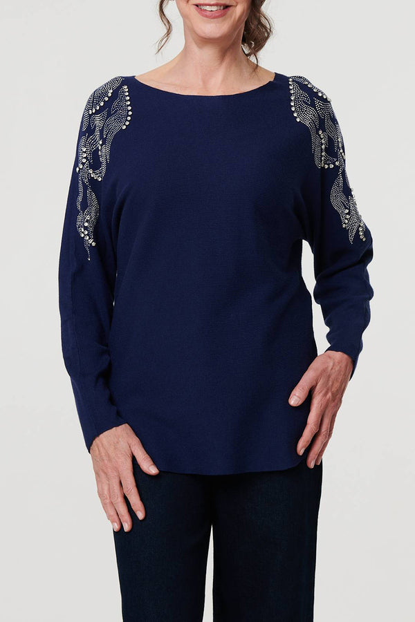 NAVY | Embellished Long Sleeve Knit Top