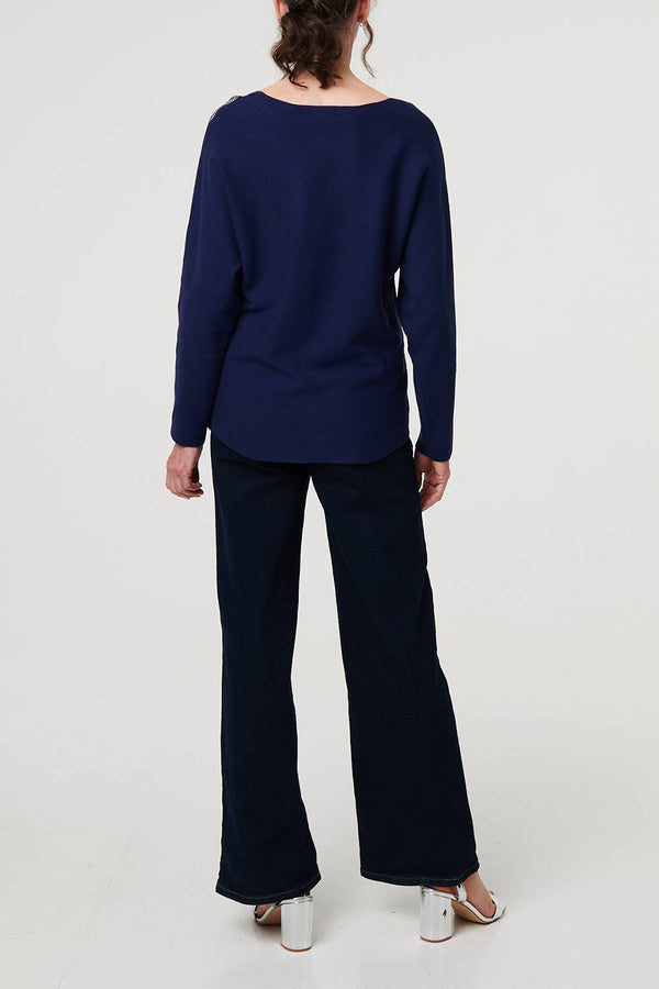 NAVY | Embellished Long Sleeve Knit Top